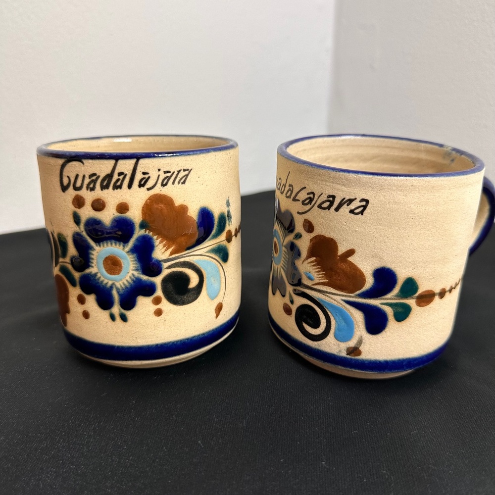 Set of 2 Guadalajara Hand-Painted Mexican Pottery Mugs – Folk Art Floral Design